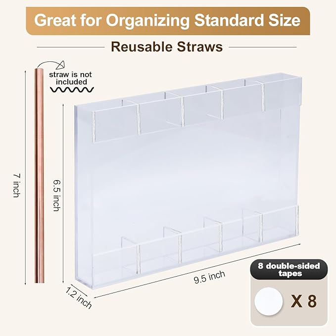 Acrylic Straw Holder Dispenser with Double Sided Adhesive Tape Reusable Tumbler Lid Straw Organizer Storage Container for Counter Cabinet Cupboard Kitce (Clear)