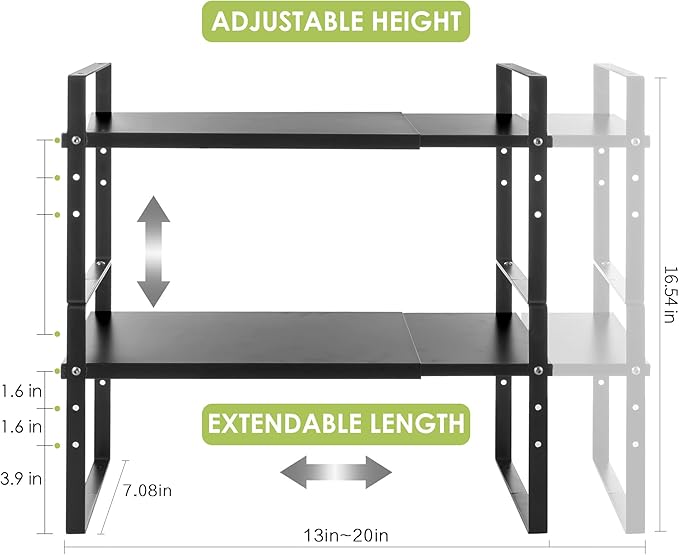Expandable Cabinet Shelf Organizer Rack, Stackable Kitchen Counter Storage Shelves Stand, Adjustable Height Pantry Shelf Spice Rack (Black, 2 Pack)-NeatNest