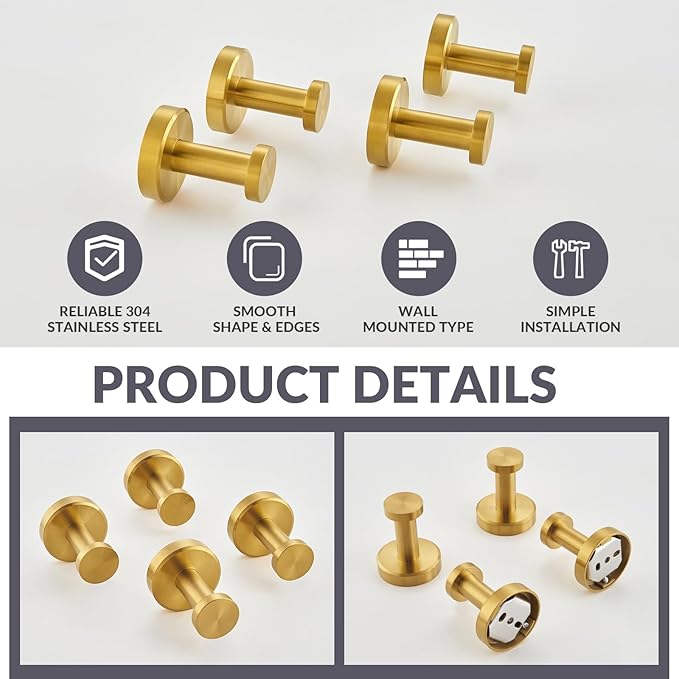 APLusee Round Robe Towel Hook 4 Pack Brushed Gold, 304 Stainless Steel Coat Utility Hook Bathroom Wall Mount
