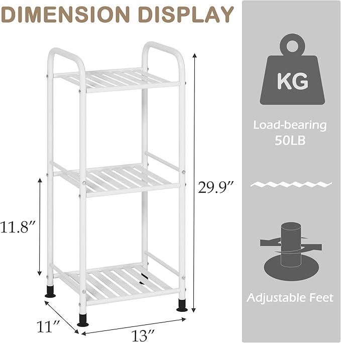 JSB 3 Tier Narrow Bathroom Shelving Unit, Kitchen Storage Rack Organizer Metal Corner Shelf for Living Room Laundry Pantry (Matte White, 3 Tier)-NeatNest