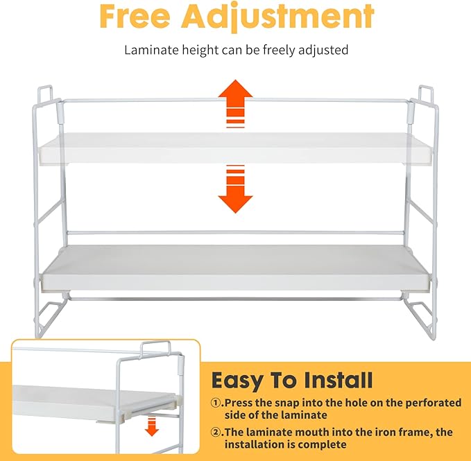 PowerKing Desk Shelf Organizer, 2-Tier Desktop Shelves with Wood Board, Adjustable Bookshelf Storage Rack for Home Office School Study Room (White Frame + White Wood)-NeatNest