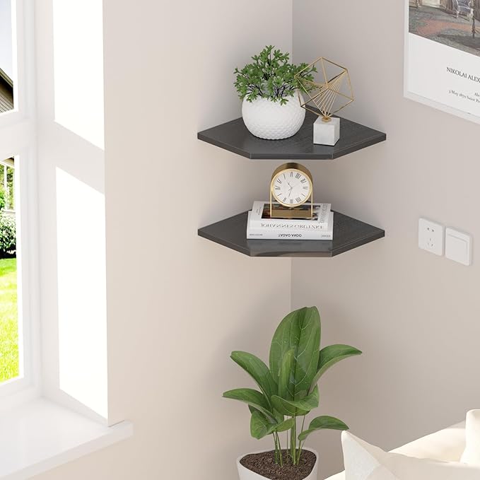 JJL Corner Wall Shelf, Set of 2 Floating Corner Shelf for Wall Storage,Easy-to-Assemble,Wall Mount Corner Shelves for Teen Boy Room Decor,Minimalist Decor(14.76in Black)-NeatNest