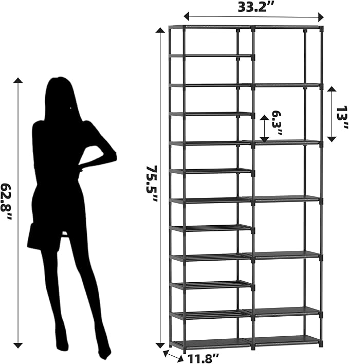 12-Tier Shoe Rack, Shoe Organizer for Large Capicity, Wire Rack Shelf Shoes for Closet or Garage, Expandable Design, Black-NeatNest