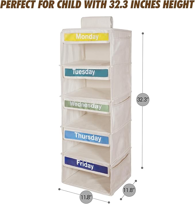 Weekly Clothes Organizer for Kids-Day of The Week Clothes Organizer for Kids-Kids Daily Clothes Organizer-Monday Friday Clothes Organizer-Kids Closet Organizer (Warm white)-NeatNest