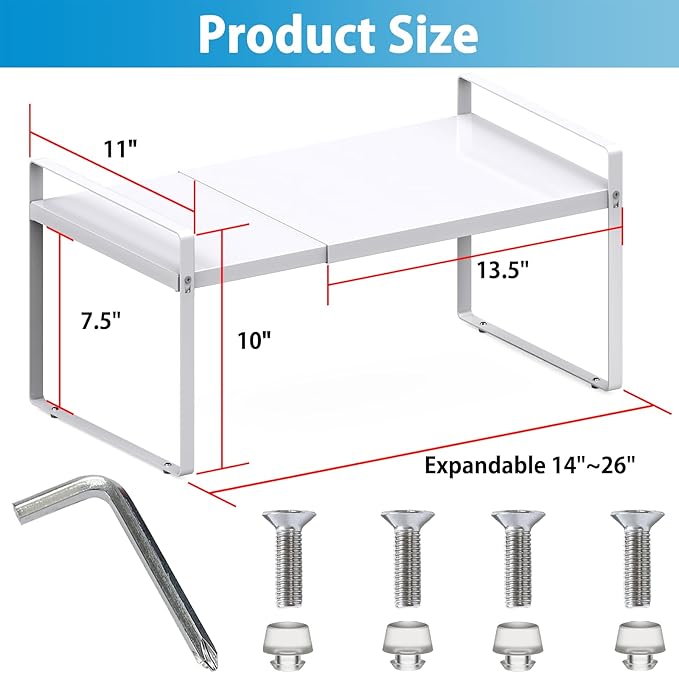 11'' Wide Expandable Cabinet Shelf Organizer Rack Adjustable Length 14''-26'' Pantry Shelf Spice Rack Heavy Duty Nonslip Kitchen Counter Storage Shelves Pantry Cupboard Under Sink Countertop, White-NeatNest