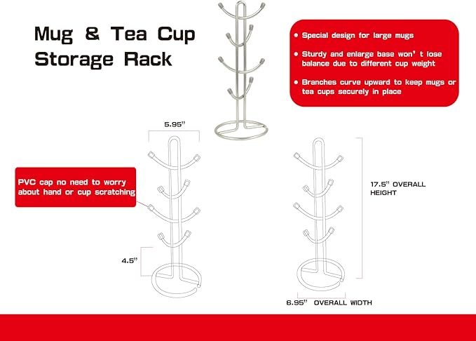 FitWell Mugs Holder, Mug Tree, Coffee Mug Holder, Coffee Mug Tree, Mug Organizer for Cabinet, Mug Holder Stand, Coffee & Tea Cup Storage Rack (Satin Nickel, 8 Mugs Holder (17.5"H))-NeatNest