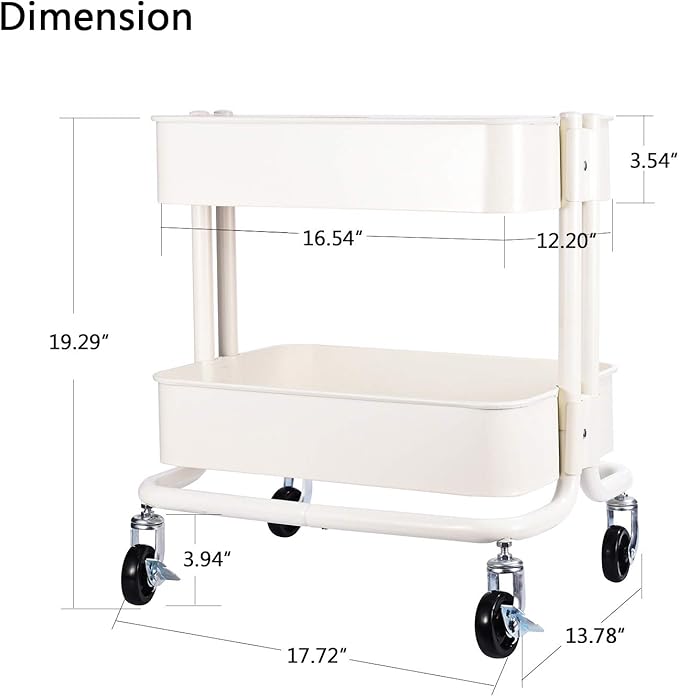 Melody House 2-Tier Metal Utility Rolling Cart Storage Side End Table with Cover Board for Office Home Kitchen Organization, Cream White