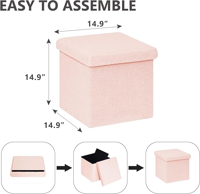 Folding Storage Ottoman Cube - Small Footrest with Sherpa Top, Multi-Functional Storage for Bedroom, Living Room-Pink