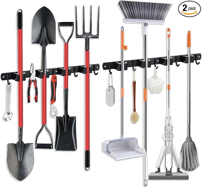 2 Pack Broom Hanger and Mop Holder, Heavy Duty Garden Tool Organizer Rack Rake and Shovel Handle, Stainless Steel Wall Mounted Utility Rack with Screws (4 Racks with 5 Hooks, Matte Black).-NeatNest