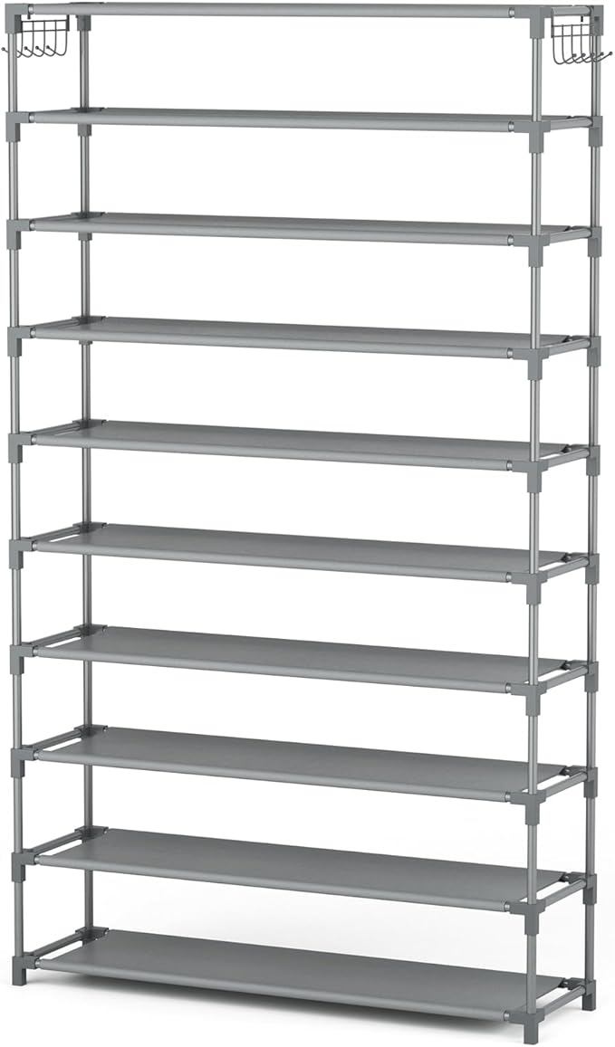 10 Tiers Shoe Rack 50 Pairs Large Capacity Tall Shoe Organizer Sturdy Shoe Storage with Two Hooks Space Saving Metal Wide Shoe Rack for Closet, Entryway, Bedroom, Grey-NeatNest