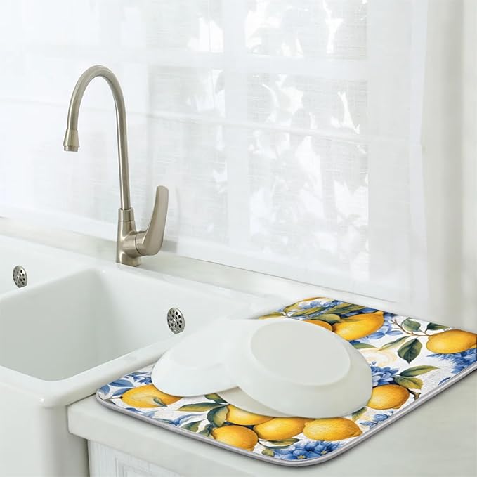 Dish Drying Mat Kitchen Counter - Absorbent Microfiber Drying Rack Pads Reversible Dish Pad Draining Mats for Countertop Coffee Mats,16x18 inch(Lemon)