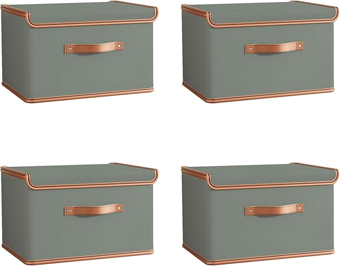 Tuza 4 Pack Storage Bins with Lids, Collapsible Closet Organizer Container, Fabric Organizer Box with Handles, Decorative Storage Boxes with Lids for Organizing Clothes, Blanket, Grey, Medium-NeatNest