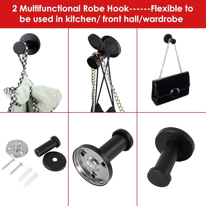 Bathroom Towel Hooks, 6 Pack Round Coat Hooks, Sturdy Wall Mounted Robe Hook, SUS 304 Stainless Steel Heavy Duty Clothes Hanger, Wall Towel Hooks for Bathroom Bedroom Kitchen (Black)