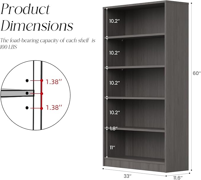 Farini 60 Inch Tall 5-Shelf Bookcase, Wood Bookshelf Storage Organizer Adjustable Shelf for Home Office, Study Room, Easy Assembly,Grey
