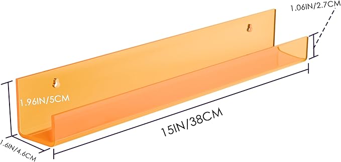 4 Pack Acrylic Shelves for Wall Storage,15" Floating Bookshelves for Kids, Display Shelf for Bathroom, Bedroom,Decor, Orange