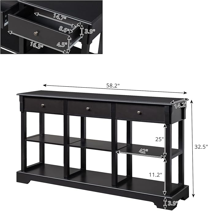 Karl home Console Table with 3 Drawers, 58" W Entryway Desk Sofa Side Table with 6 Bottom Cube Storage Shelves, Vintage TV Stand for Hallway Living Room Office, Black 32.5" H-NeatNest
