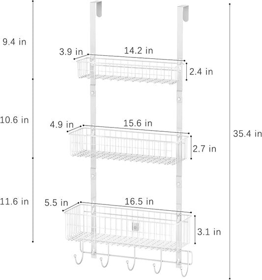 CADUKE Over The Door Organizer Hanger with Basket Hanger Door Towel Rack with 5 Hooks Back of Door Storage Organizer Behind Door Hooks Hanger Shelf for Bathroom, Kitchen, Office, White-NeatNest