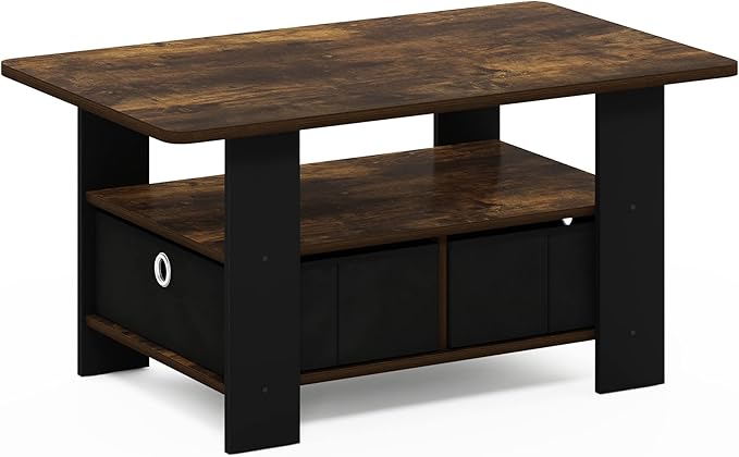 Furinno Andrey Coffee Table with Bin Drawer, Amber Pine/Black Small Non-Lift Top-NeatNest