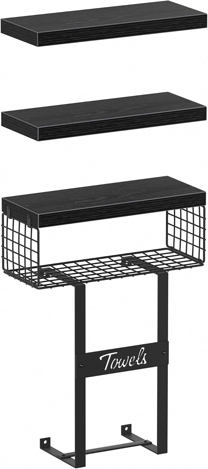Bathroom Shelves Over Toilet - Floating Shelf for Wall Above Toilet Towels Holder Small Farmhouse Decor Shelves (15.7 inch, Set of 3, Black)-NeatNest