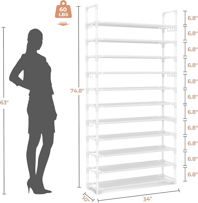 11 Tiers Tall Shoe Rack Holds 55 Pairs of Shoes with 18pcs Hooks Sturdy Wide Shoe Organizer Storage Free Standing Metal Shoe Shelf for Closet, Entryway White-NeatNest