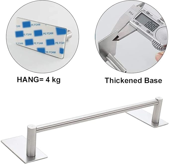 NearMoon Self Adhesive Bathroom Towel Bar- Stainless Steel Bath Wall Shelf Rack Hanging Towel Stick On Sticky Hanger Contemporary Style, NO Drilling (1 Pack, Brushed Nickel, 9-Inch Towel Rack)