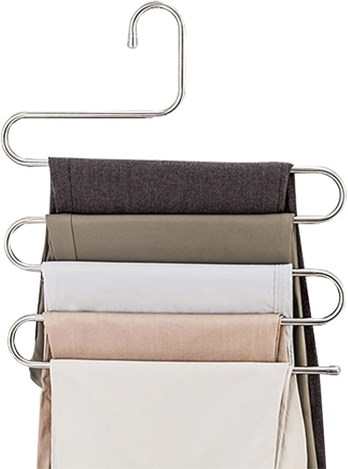 devesanter Pants Hangers Non-Slip S-Shape 4 Pack Trousers Hangers Stainless Steel Clothes Hangers Closet Storage Organizer for Pants Jeans Scarf (4 Pack with 10 Clips)-NeatNest