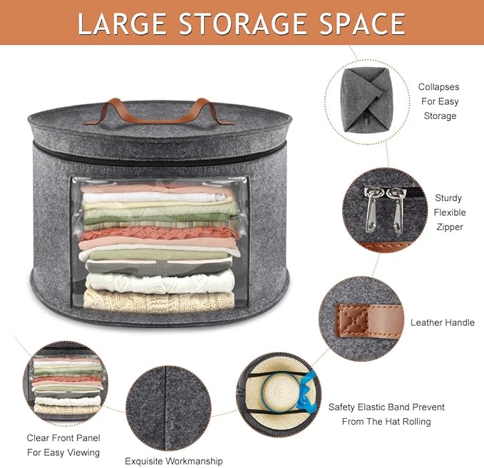 Hat Box, Hat Boxes for Women/Men Storage, 17" D x 10" H, Round Hat Storage Box Container for Closet, Clothes Storage Bin for Stuffed Animal Toy, Foldable Hat Box for Travel with Dustproof Lid (Grey)-NeatNest