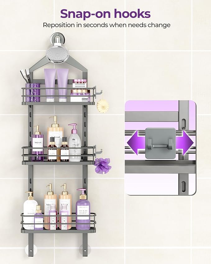 ODesign 3 Tier Height-Adjustable Shower Caddy Hanging Anti-Swing-Over The Shower Head Caddy-Showe r Storage Organizer Bathroom Shelves Basket Caddies-Grey