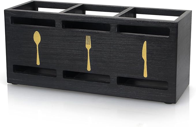Ayiaren Wooden Cutlery Silverware Holder Flatware Utensil Caddy Black Utensil Holder for Kitchen Counter Wood Silverware Caddy Organizer for Table Countertop Spoon Knife and Fork Holder for Parties-NeatNest