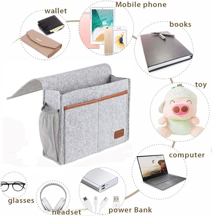 Bedside Caddy,Felt Bedside Storage Organizer, Hanging Storage for Dorm Bed Sofa for tablet Magazine Phone Remotes and Water Bottle Holder (Light Grey)-NeatNest