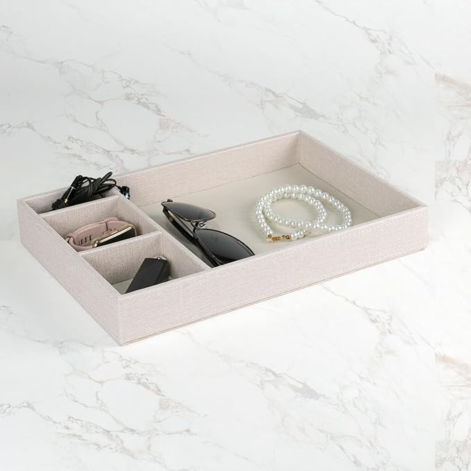 Desktop Storage Organizer, Nightstand or Dresser Organizer, Valet Tray, Entry Table Organizer, 4 Compartments,PU Leather Drawer Storage Organizer Decorative Trays. (Pearl White—2)-NeatNest