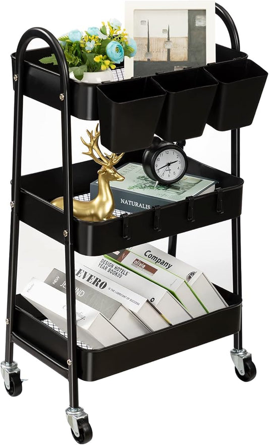 danpinera 3-Tier Rolling Cart, Metal Rolling Storage Cart with Lockable Wheels & Hanging Cups & Hooks, Mobile Trolley Cart for Kitchen, Bathroom, Office, Workshop, Black-NeatNest
