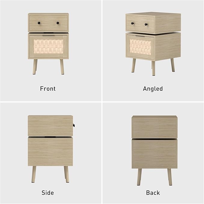 Bonzy Home Nightstand with Storage, 23" Side Table with Woven Doors, Bedside Table with 360° Rotating for Living Room, Bedroom, Oak-NeatNest