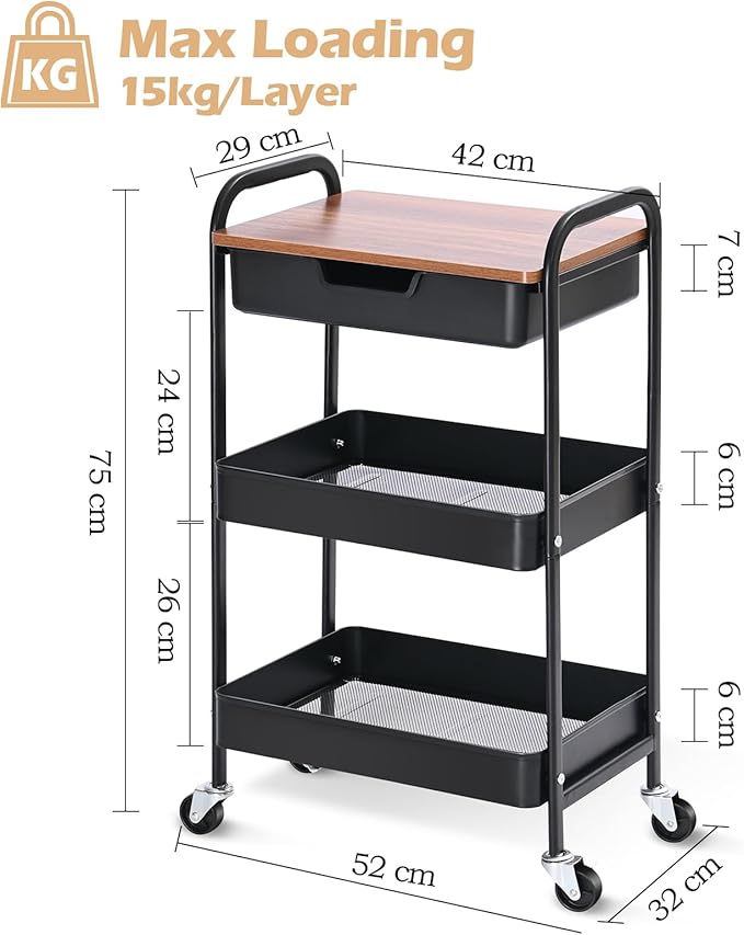 TOOLF 3-Tier Utility Rolling Cart with Wooden Board and Drawer, Metal Storage Cart with Handle, Black Trolley Kitchen Organizer Rolling Desk with Locking Wheels for Office, Classroom, Home, Bedroom-NeatNest