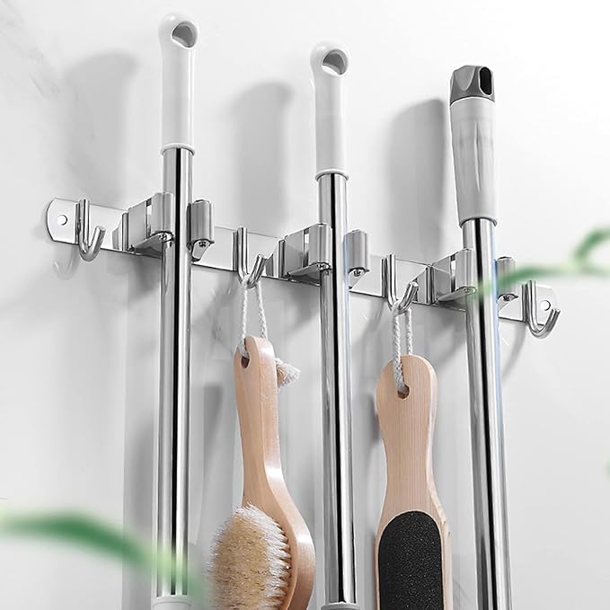2 Pcs Mop Broom Holder Wall Mounted, Dustpan Holders, Stainless Steel Mop Hangers Organizer, Broom Rack, Utility Hook for Hanging Brooms and Mops(3 Racks 4 Hooks and 2 Racks 3 Hooks)-NeatNest