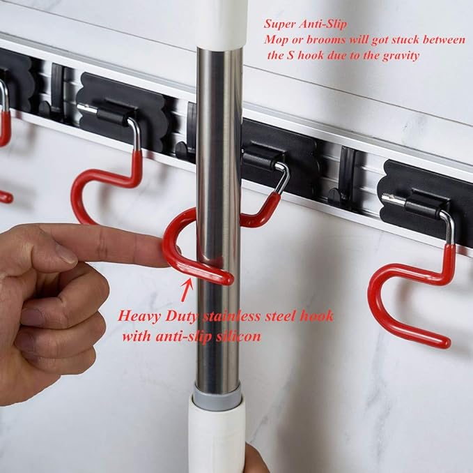 QBOSO Wall Mounted Mop and Broom Holder Stainless Steel S Type Broom Rack Anti-Slip Mop Organizer (17 Inches,4 Positions 3 Hooks, Red black)-NeatNest
