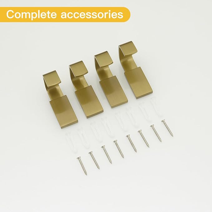 BESy Brass Clothes Hook Single Towel Hook for Bathroom Kitchen Garage Square Style Robe Hooks Coat and Hat Hook, Self Adhesive with Glue or Wall Mounted with Screws, Four Packs, Brushed Gold-NeatNest