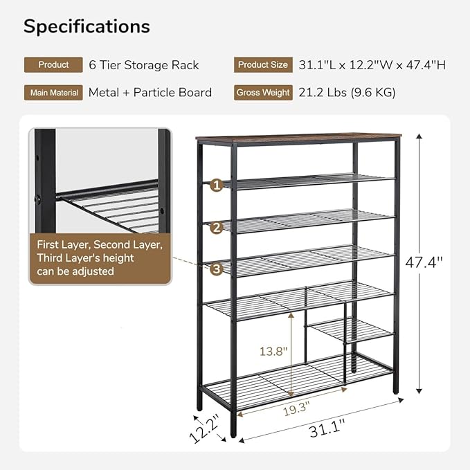 6 Tier Shoe Rack Organizer, Metal Mesh Shoe Storage Shelf, Storage Boots .for Entryway, Closet,Hallway, Bedroom,Cloakroom,Garage, Industrial,Rustic Brown-NeatNest