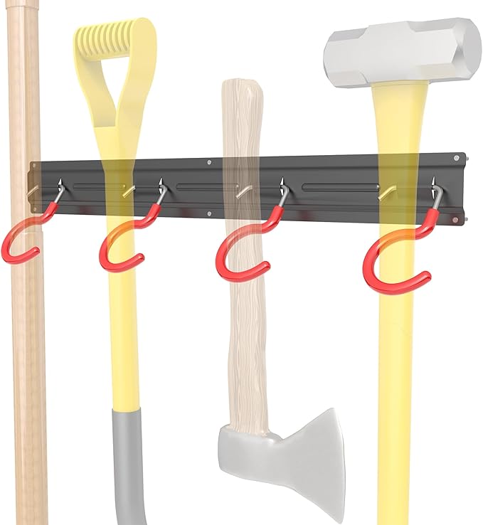 TORACK Metal Wall-Mounted Garden Tool Organizer for Garage, Mop and Broom Holder, Yard Tool Storage Rack for Rakes, Shovels, Mops, Brooms (4 Rails, 16 Hooks)-NeatNest