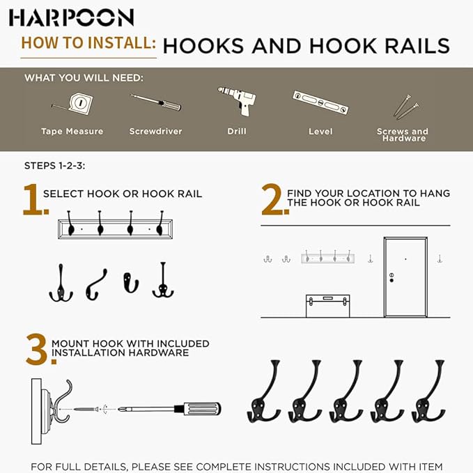 HARPOON 5 Piece Heavy Duty Hook,Wall Mounted Rustproof Coat Hook,Utility Hooks for Coat, Scarf, Bag, Towel, Key, Cap, Cup, Hat 3.5inch Oil Rubbed Bronze