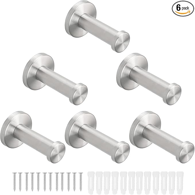 Bath Towel Hooks, 6 Pack Round Coat Hooks, Sturdy Wall Mounted Robe Hook, SUS 304 Stainless Steel Heavy Duty Clothes Hanger, Wall Hooks for Bathroom Bedroom Kitchen (3 in, Brushed)