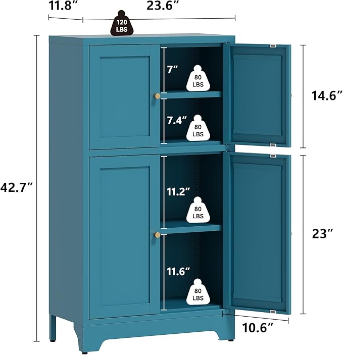 Bathroom Floor Storage Cabinet, Freestanding Accent Cabinets with 4 Doors and 2 Adjustable Shelves,Teal Blue Metal Locker Cabinets for Restroom, Kitchen,Living Room,Hallway