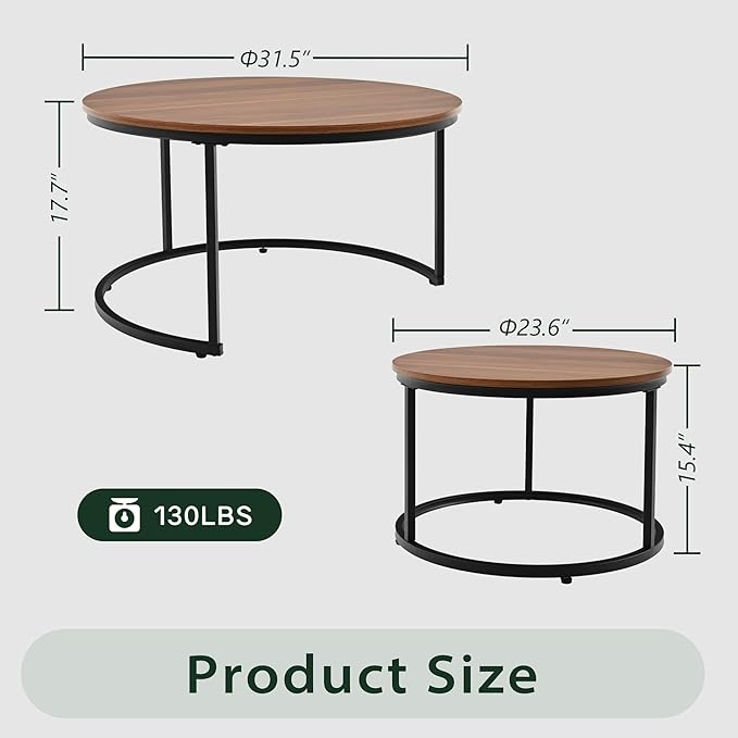 31.5" Nesting Coffee Table Set of 2, Round Nesting Coffee Table with Wood Grain Top, End Tables with Metal Frame for Living Room, Bedroom, Brown