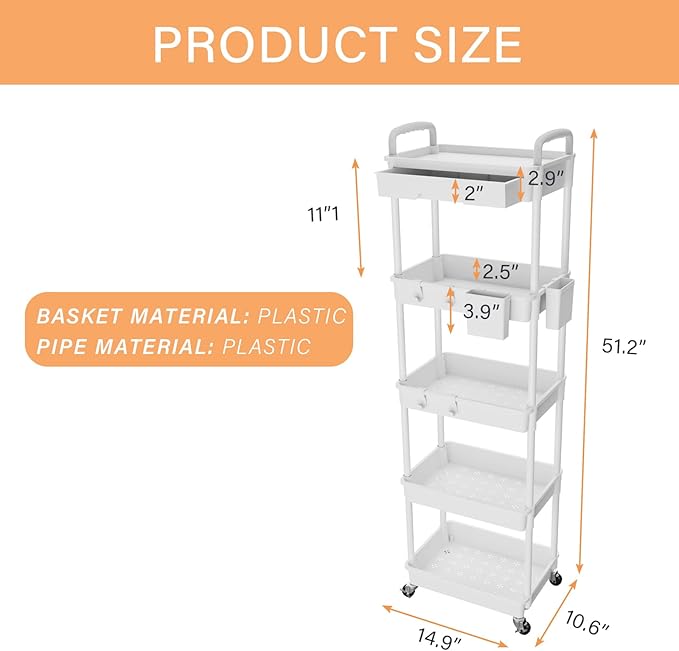 5 Tier Rolling Utility Cart with Drawer,REBECAT Utility Cart Made of Multifunctional Storage Organizer Tool for Kitchen,Bathroom,Living Room,Office(White)-NeatNest