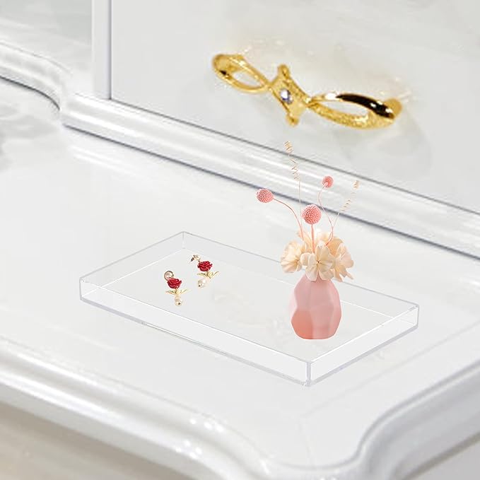 Bigfety Acrylic BathroomTray for Counter, Handmade Clear Trays Sturdy Organizer for Cup, Sponge, Soap, Plant (Large, Clear)-NeatNest