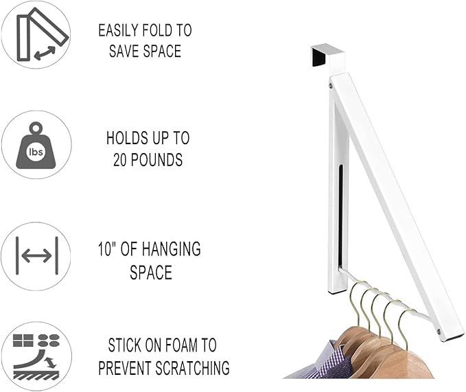 HOLDN’ STORAGE Over The Door Hanger - Single Foldable Rack Organizer for Hanging Clothes, Coats & Towels, Ideal for Dorm Rooms, Laundry, Bathrooms, Etc - Holds up to 20 LBs, Collapsible - White