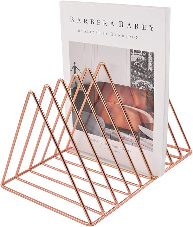 EASEPRES 9 Slot Magazine Rack Book Record Holder, Desktop Iron Storage Rack Bookshelf Multifunction Triangle File Organizer Sorter for Decor Home Office, Rose Gold Pack of 2