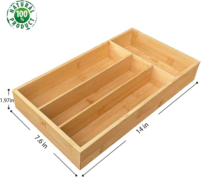 Bamboo Silverware Organizer, Kitchen Drawer Organizer, Silverware Utensil Tray Holder for Flatware Cutlery Knives, Forks, Spoons (4-Slots) (Natural)-NeatNest