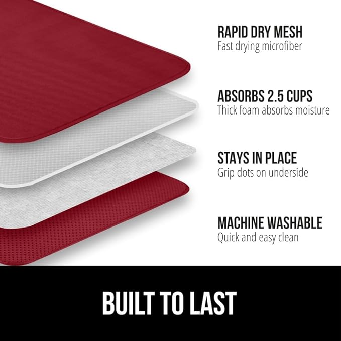 GORILLA GRIP Ultra Water Absorbent Microfiber Dish Drying Mat, 18x24, Quick Dry Thick Mesh, Slip Resistant Pad for Sink Dishes or Under Rack, Kitchen Counter Accessories, Machine Wash Mats, Red