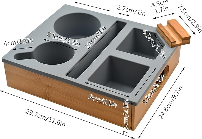 Couch Cup Holder with Sturdy Bamboo Bottom Tray and Anti-Spill Washable Silicone Liner for Eating on Couch or Bed, TV-Watching Food Snack Trays with Drinks Cup Holder TV Remote Holder (Grey)-NeatNest